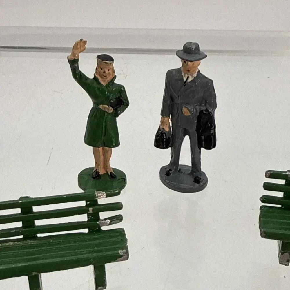 16 Barclay Manoil Painted Lead Traveler Figurines, Benches, Mailbox, Trash, Duck